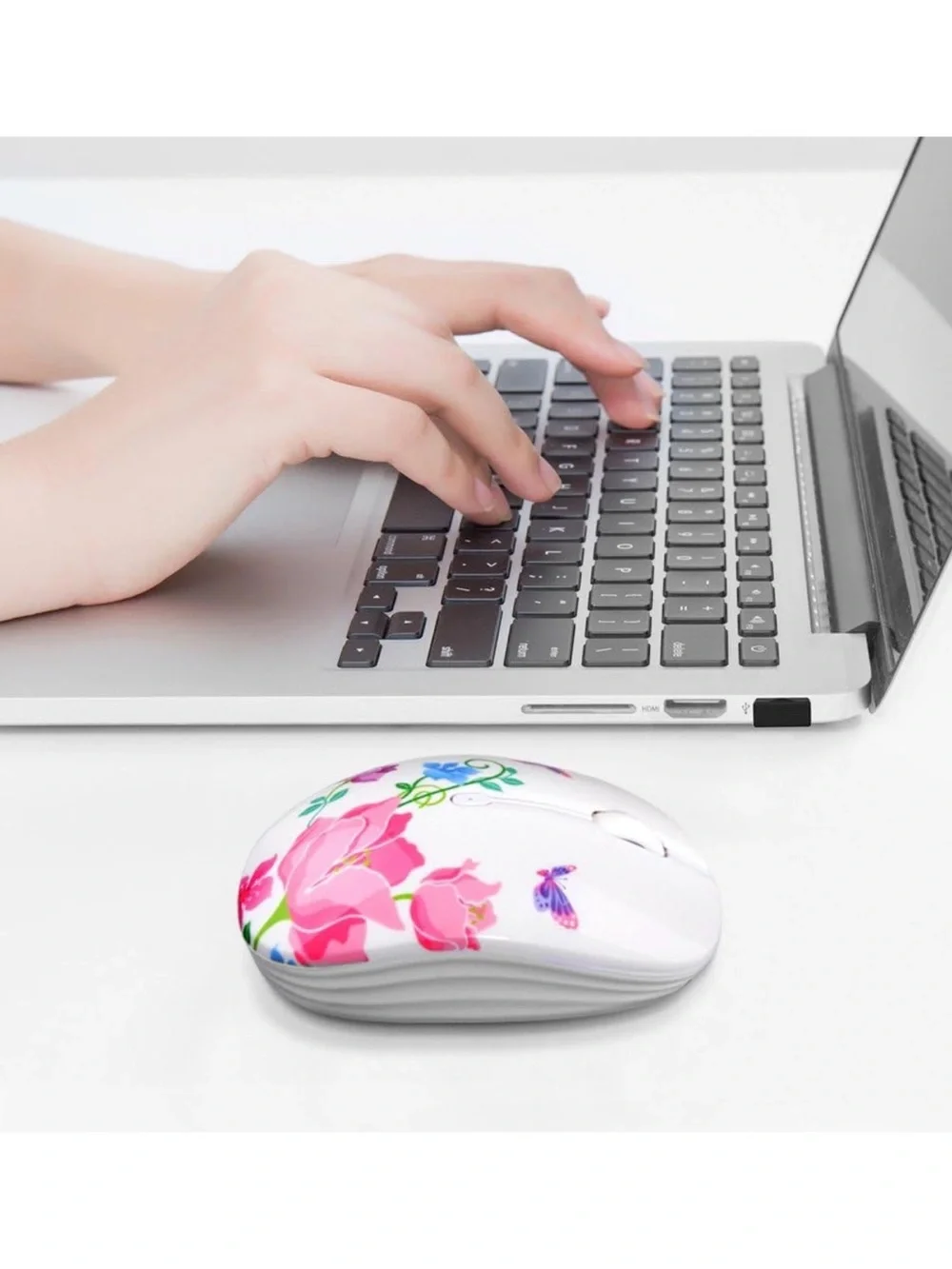Wireless Floral USB Mouse - White with Pink & Purple Design